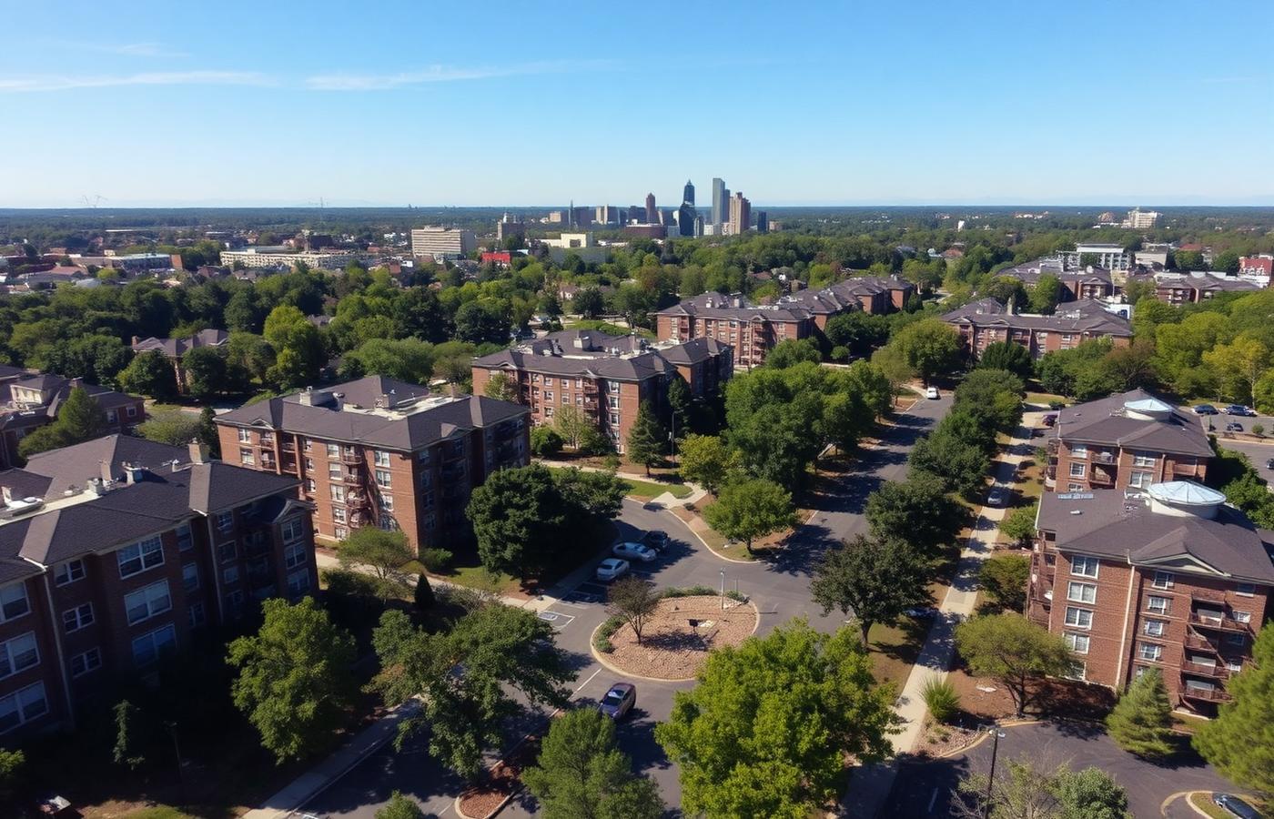 Aerial view of Atlanta apartment communities and tree-lined neighborhoods